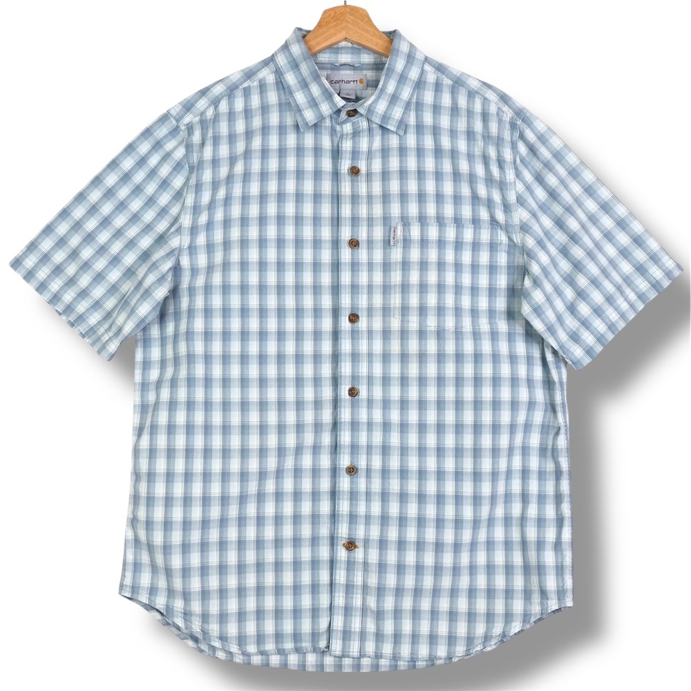 Carhartt Mens Short Sleeve Workwear Shirt Large Relaxed Fit Plaid Blue White